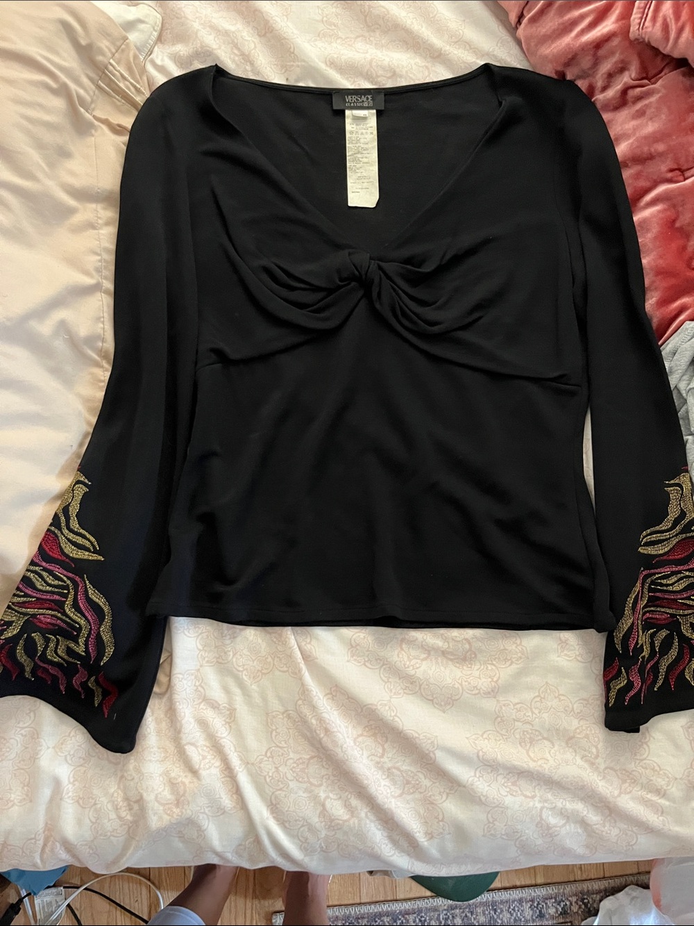 Versace Black Long-Sleeve Knot Front Top with Embroidered Flame Sleeves